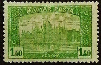 Марка почтовая (1,4 kr.). "Здание парламента". 1919 год, Венгрия.