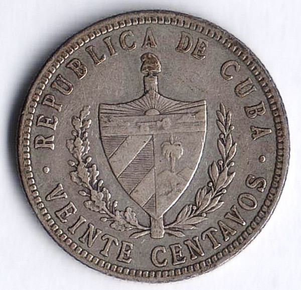 Монета 20 сентаво. 1916 год, Куба.