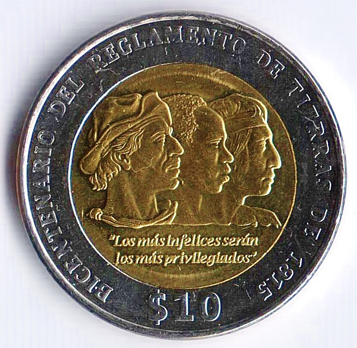Монета 10 песо. 2015 год, Уругвай. Положение о земле 1815 года.