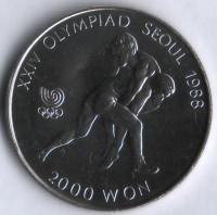 Монета 2000 вон. 1987 год, Южная Корея. Олимпийские Игры "Сеул'88". Вольная борьба.