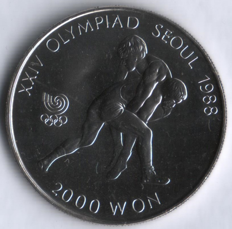Монета 2000 вон. 1987 год, Южная Корея. Олимпийские Игры "Сеул'88". Вольная борьба.