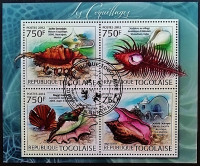 Блок почтовых марок (4 шт.). "Раковины". 2012 год, Того.