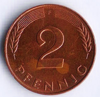 Монета 2 пфеннига. 1991(F) год, ФРГ.