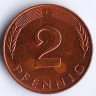 Монета 2 пфеннига. 1991(F) год, ФРГ.
