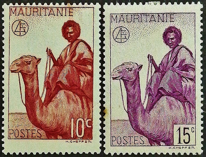 Набор марок (2 шт.). "Человек на верблюде". 1943 год, Мавритания.