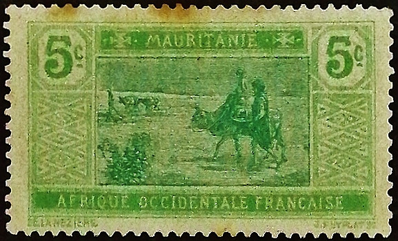Марка почтовая (5 c.). "Пересечение пустыни". 1913 год, Мавритания.