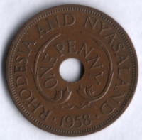 Монета 1 пенни. 1958 год, Родезия и Ньясаленд.