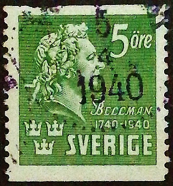 Почтовая марка (5 ör.). "Карл Майкл Беллман". 1940 год, Швеция.