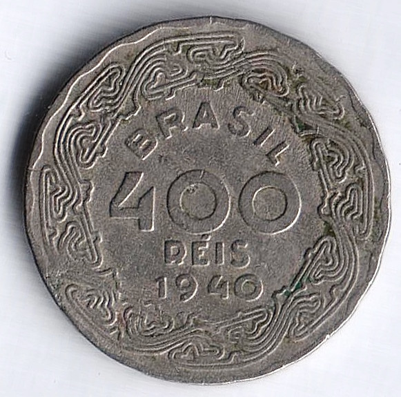 Монета 400 рейсов. 1940 год, Бразилия.