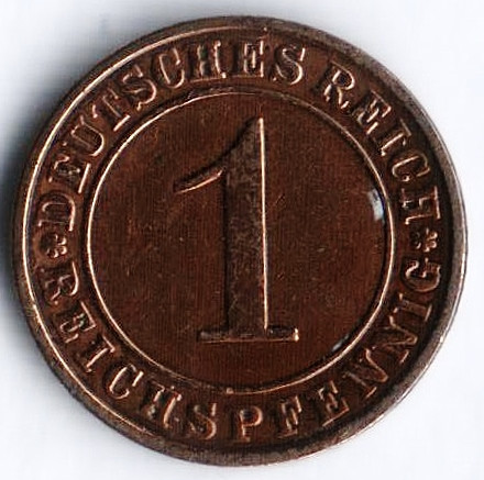 Монета 1 рейхспфенниг. 1935 год (E), Веймарская республика.