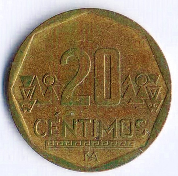 Монета 20 сентимо. 2007 год, Перу.