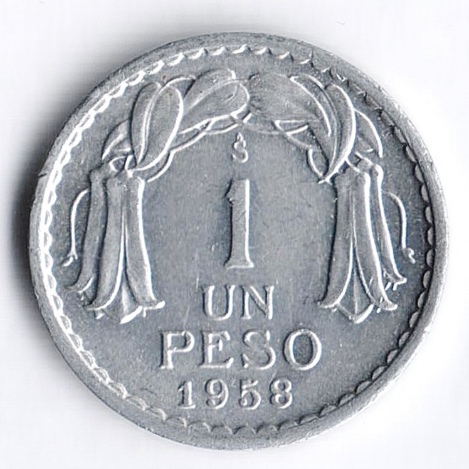 Монета 1 песо. 1958 год, Чили.