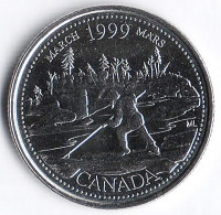 Монета 25 центов. 1999 год, Канада. Миллениум. Март - Сплав на плоту.