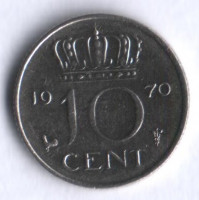 Монета 10 центов. 1970 год, Нидерланды.