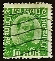 Почтовая марка (10 aur.). "Король Кристиан X". 1921 год, Исландия.