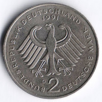 Монета 2 марки. 1991 год (D), ФРГ. Йозеф Штраус.