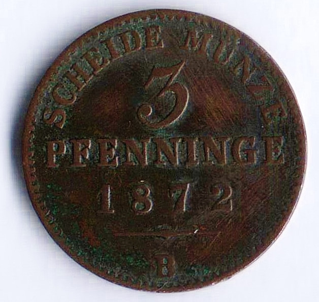 Монета 3 пфеннига. 1872(B) год, Пруссия.