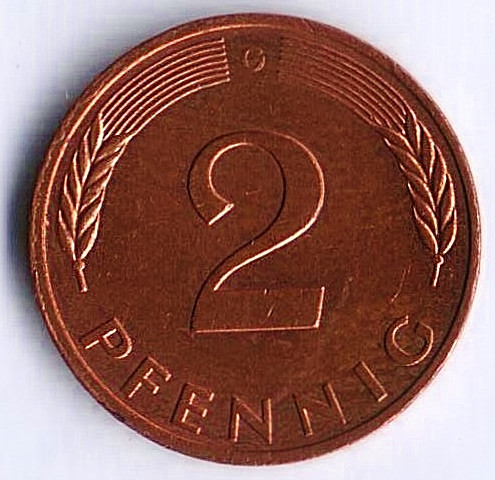 Монета 2 пфеннига. 1991(G) год, ФРГ.