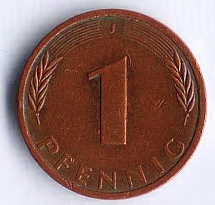 Монета 1 пфенниг. 1977(J) год, ФРГ.