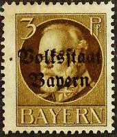 Марка почтовая (3 pf.). "Король Людвиг III ("Volksstaat")". 1919 год, Бавария.