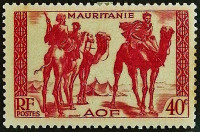 Марка почтовая (40 c.). "Воины на верблюдах". 1940 год, Мавритания.