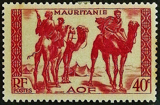 Марка почтовая (40 c.). "Воины на верблюдах". 1940 год, Мавритания.