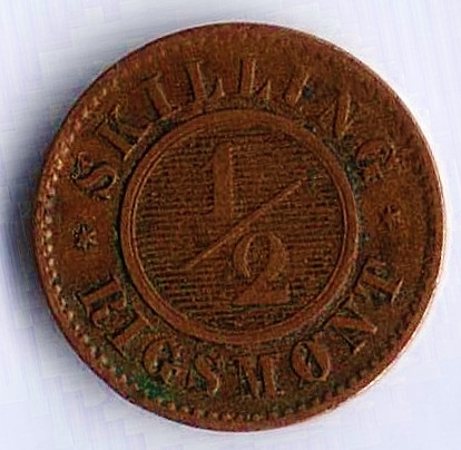 1/2 скиллинга-ригсмёнт. 1857(o) год, Дания.