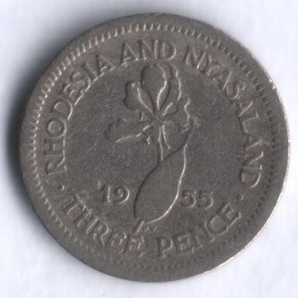 Монета 3 пенса. 1955 год, Родезия и Ньясаленд.