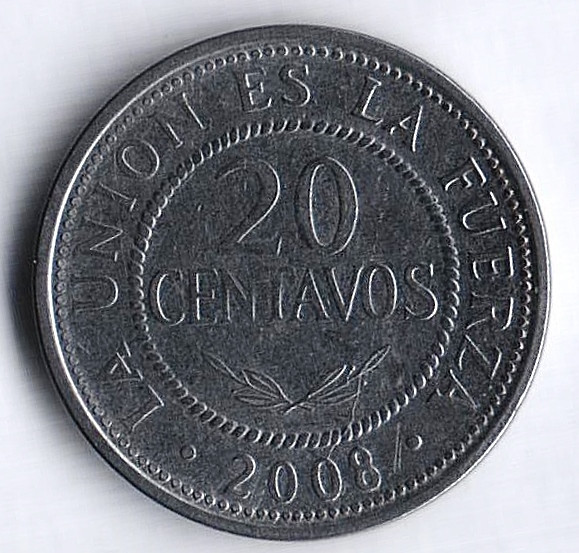 Монета 20 сентаво. 2008 год, Боливия.