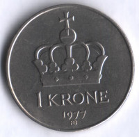 Монета 1 крона. 1977 год, Норвегия.