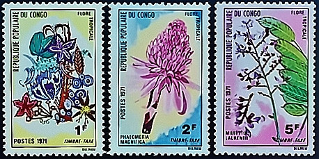 Набор марок (3 шт.). "Тропические цветы (I)". 1971 год, Республика Конго. Набор марок (3 шт.). "Тропические цветы (I)". 1971 год, Республика Конго.