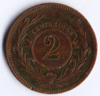 Монета 2 сентесимо. 1869(A) год, Уругвай.
