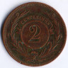 Монета 2 сентесимо. 1869(A) год, Уругвай.
