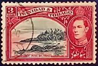 Почтовая марка (3 c.). "Король Георг VI и пейзажи". 1938 год, Тринидад и Тобаго.