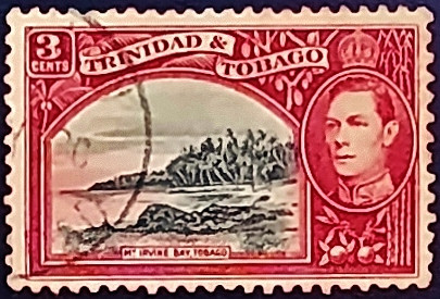 Почтовая марка (3 c.). "Король Георг VI и пейзажи". 1938 год, Тринидад и Тобаго.