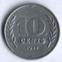 Монета 10 центов. 1942 год, Нидерланды.