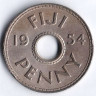 Монета 1 пенни. 1954 год, Фиджи.
