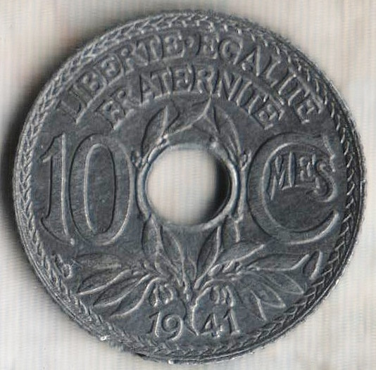 Монета 10 сантимов. 1941 год, Франция. "Cmes" без черты, дата без точек.