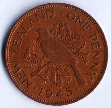 Монета 1 пенни. 1945 год, Новая Зеландия.