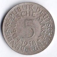 Монета 5 марок. 1958 год (G), ФРГ.