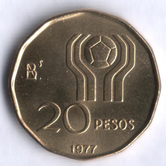 Монета 20 песо. 1977 год, Аргентина. Чемпионат Мира по футболу - Аргентина'78.