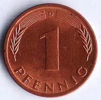 Монета 1 пфенниг. 1976(D) год, ФРГ.