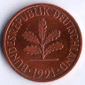 Монета 2 пфеннига. 1991(J) год, ФРГ.