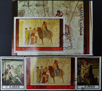 Набор-сцепка марок (3 шт.) с блоком. "Античные фрески". 1972 год, Аджман.