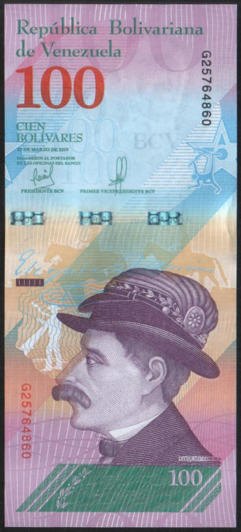 Банкнота 100 боливаров. 2018 год, Венесуэла.