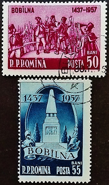 Набор почтовых марок (2 шт.). "520-летие восстания крестьян в Бобыльне". 1957 год, Румыния.