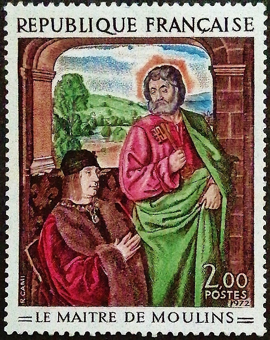 Марка почтовая. «Пьер де Бурбон представлен Св. Петру», Муленский мастер. 1972 год, Франция. Марка почтовая. «Пьер де Бурбон представлен Св. Петру», Муленский мастер. 1972 год, Франция.