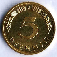 Монета 5 пфеннигов. 1980(G) год, ФРГ.