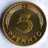 Монета 5 пфеннигов. 1980(G) год, ФРГ.