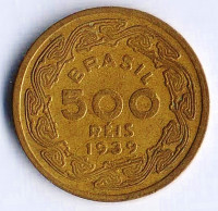 Монета 500 рейсов. 1939 год, Бразилия.